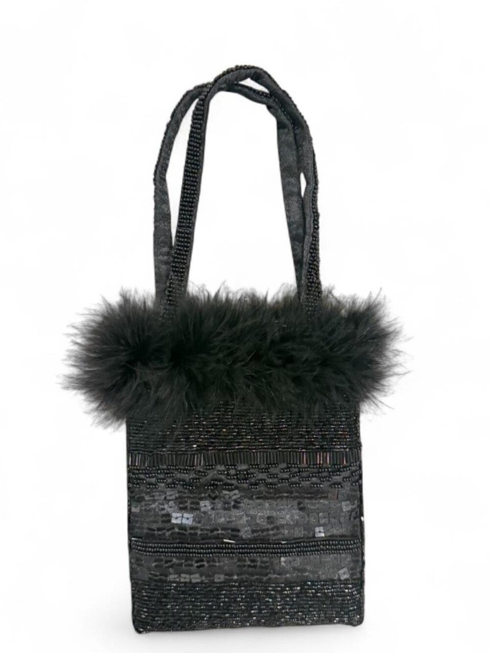 Black mini beaded handbag with faux fur trim and sequin embellishments
